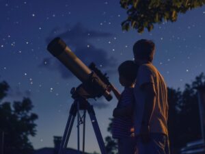 Parent and child using a telescope to explore the night sky