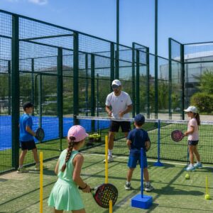 instructor y niños pista paddel